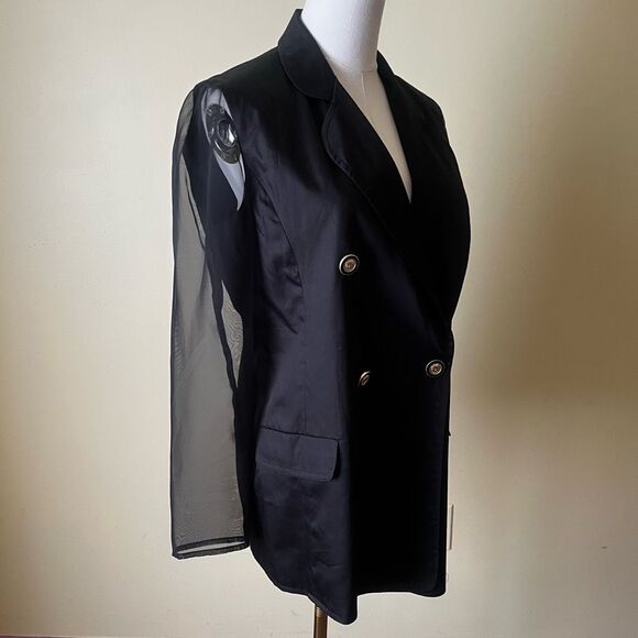 Vintage Bloomingdales Black Double Breasted Blazer Sheer Sleeves Gold Buttons 10 - Picture 3 of 8